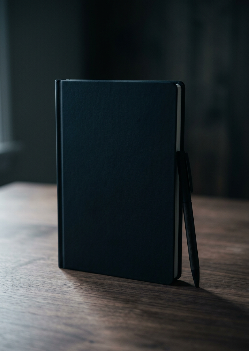 A black agenda notebook on a desk